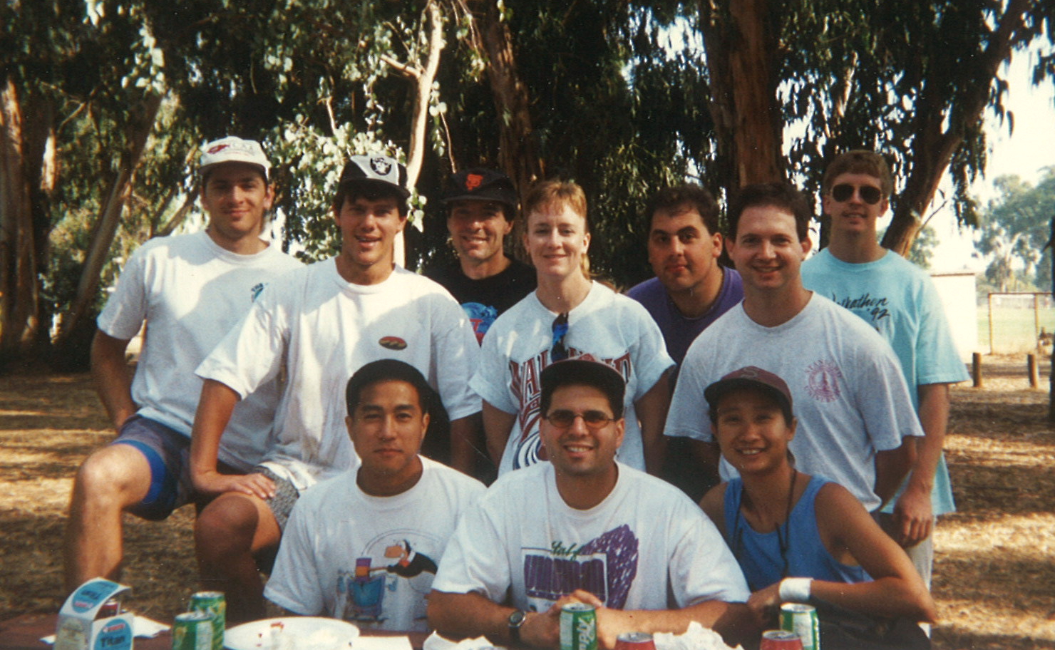 ISL softball team, circa 1995. Back row: Paul Voois, Jeff Stribling, Norm, Krista Jacobsen, Joe Lauer, Barry, Rick; Front row: Rich, Jimmy, Susan